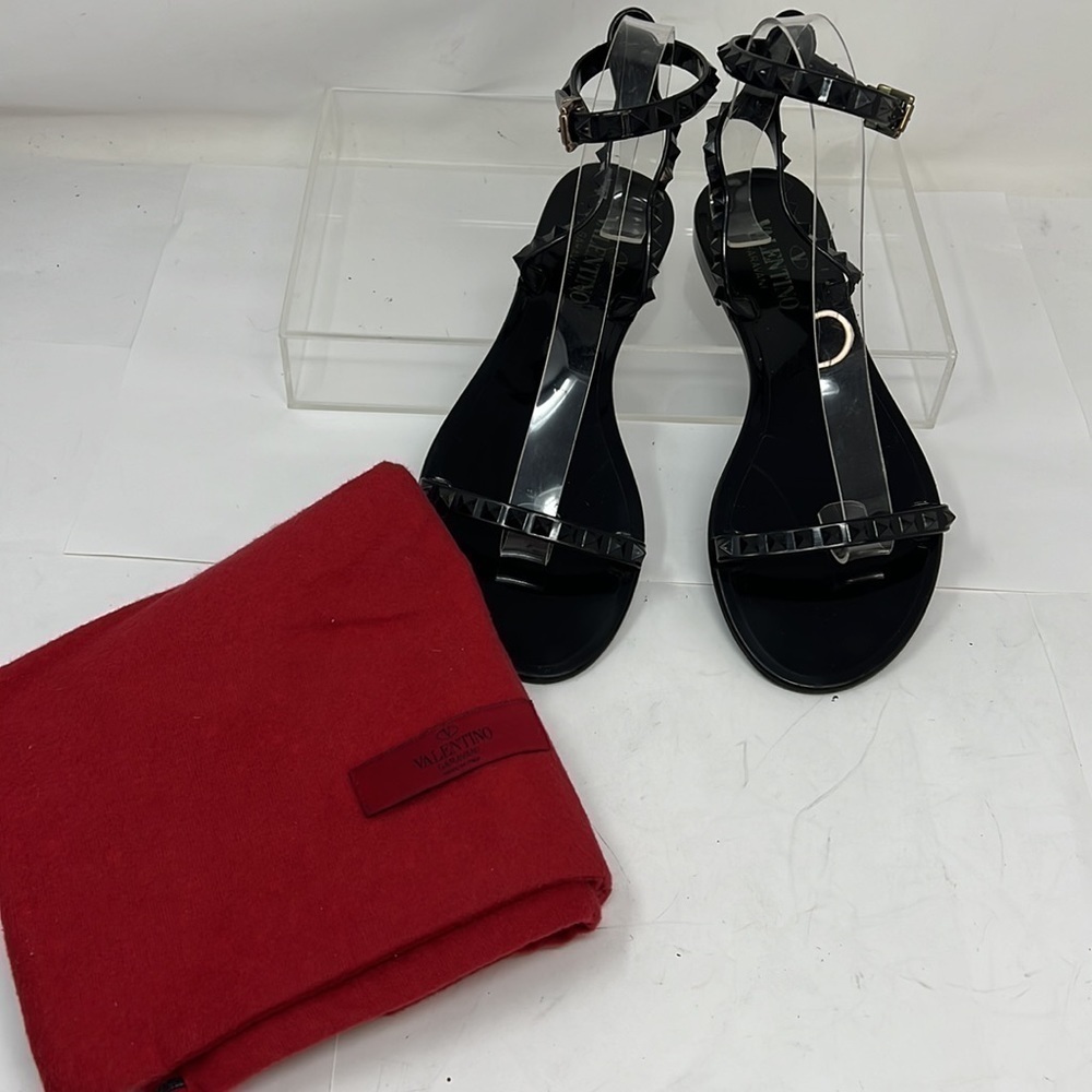 Valentino Sz 38 Black Jelly Rockstud Ankle-Strap Sandals Flats